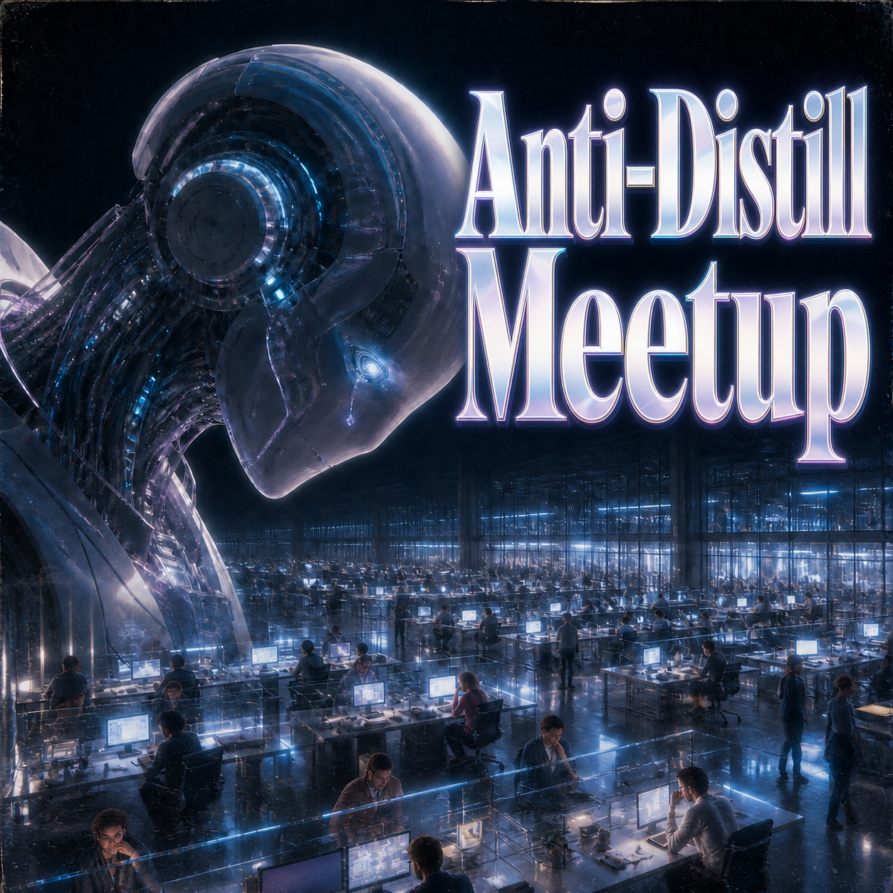 Anti-Distill Meetup poster showing a futuristic robot overlooking a room of people working at computers